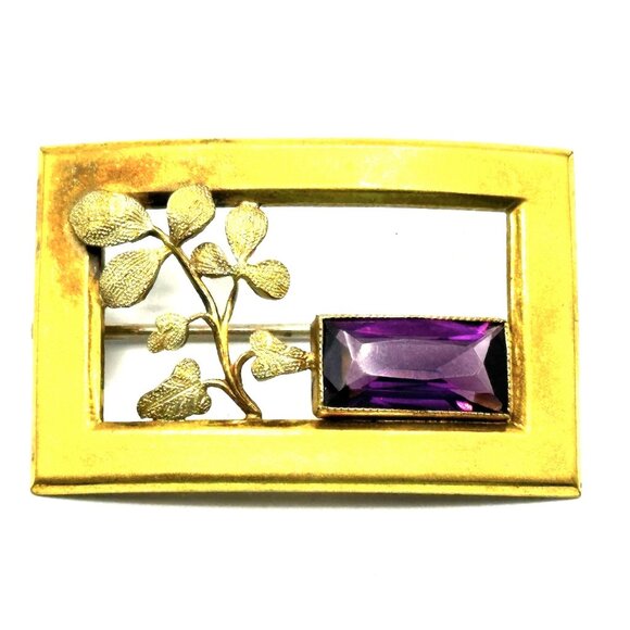 Transitional Art Deco Brass Brooch by George L Paine with Purple Glass Cabochon - Picture 1 of 9